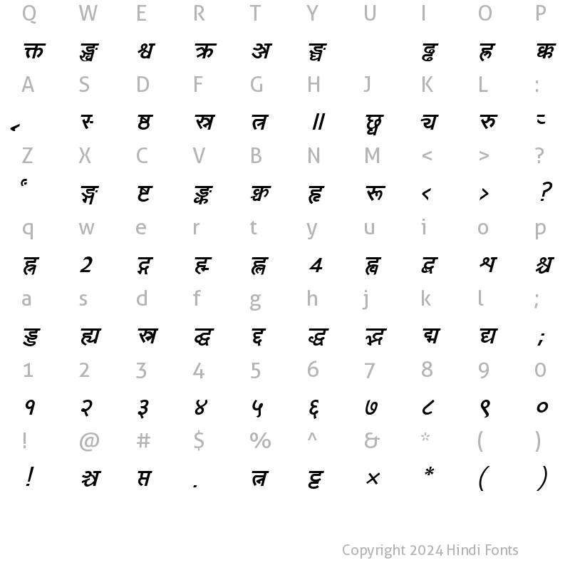 Character Map of Yogeshweb Bold Italic